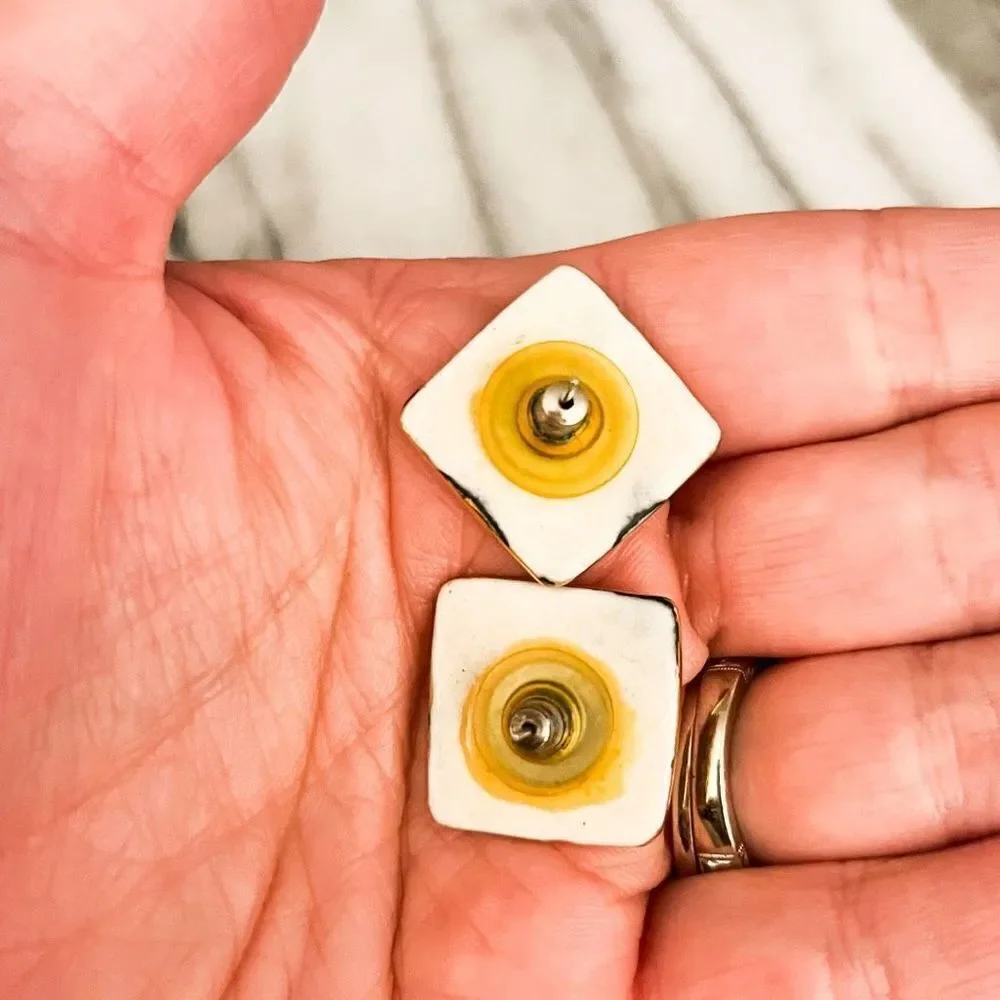 Vintage Cynthia Chuang Heart Brooch and Square‎ Earrings Set Ceramic Unsigned